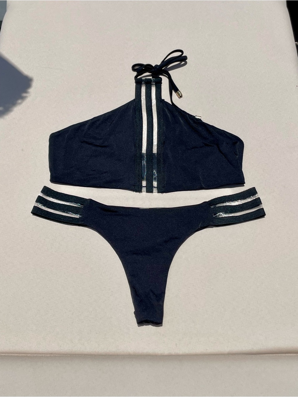 Beach Bunny Black High-Neck Bikini with Clear Stripe Accents